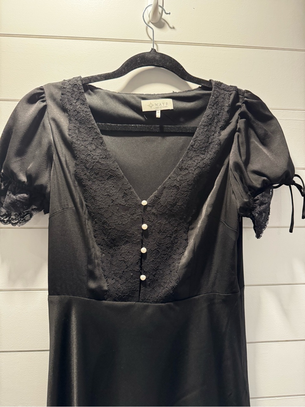 Wayf Black V-Neck Midi Dress with Pearl Buttons
